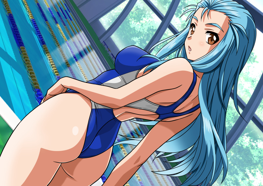 1girl, ass, blue_hair, breasts, brown_eyes, competition_swimsuit, dutch_angle, forehead
