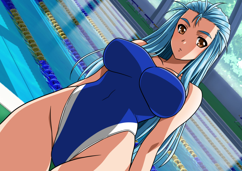 1girl, blue_hair, breasts, brown_eyes, competition_swimsuit, covered_navel, dutch_angle, forehead