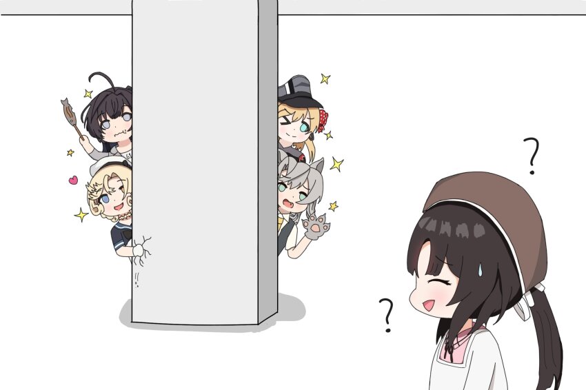 5girls, ?, akizuki_(kancolle), akizuki_(saury_festival)_(kancolle), apron, brown_hat, column, commentary_request, crack, fish, hat, highres, janus_(kancolle), kantai_collection, kappougi, multiple_girls, nankai_(kancolle), nosaki_(kancolle), nowaki_(halloween)_(kancolle), nowaki_(kancolle), one-hour_drawing_challenge, one_eye_closed, peeking_out, pillar, ponytail, prinz_eugen_(kancolle), waving