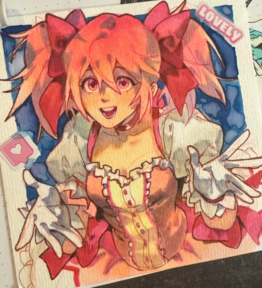 1girl, bow, commentary, dress, gloves, hair_bow, hashtag-only_commentary, heart