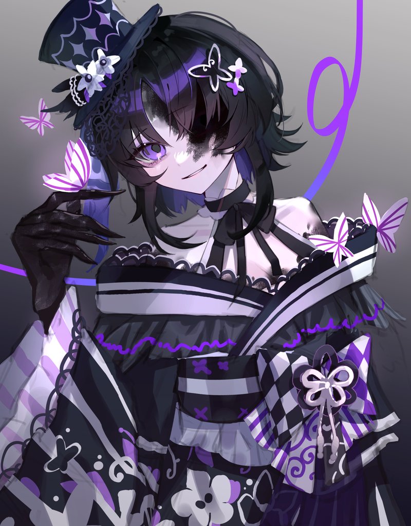 1girl, bare_shoulders, black_gloves, black_hair, black_hands, black_hat, black_kimono, bug