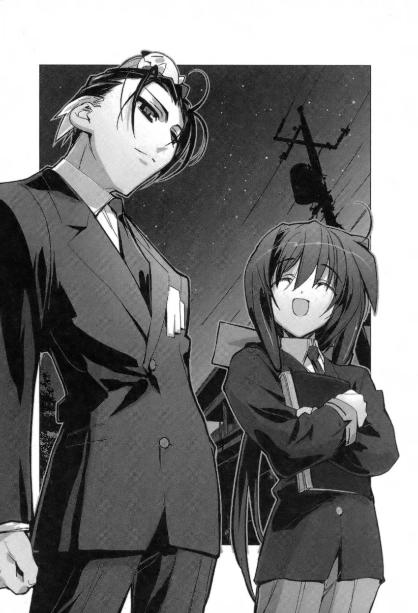 2boys, baku_(artist), greyscale, highres, kazami_chisato, monochrome, multiple_boys, night