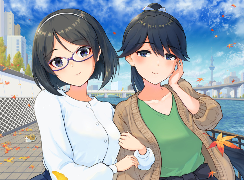 2girls, autumn, black_hair, breasts, cityscape, day, glasses, green_shirt
