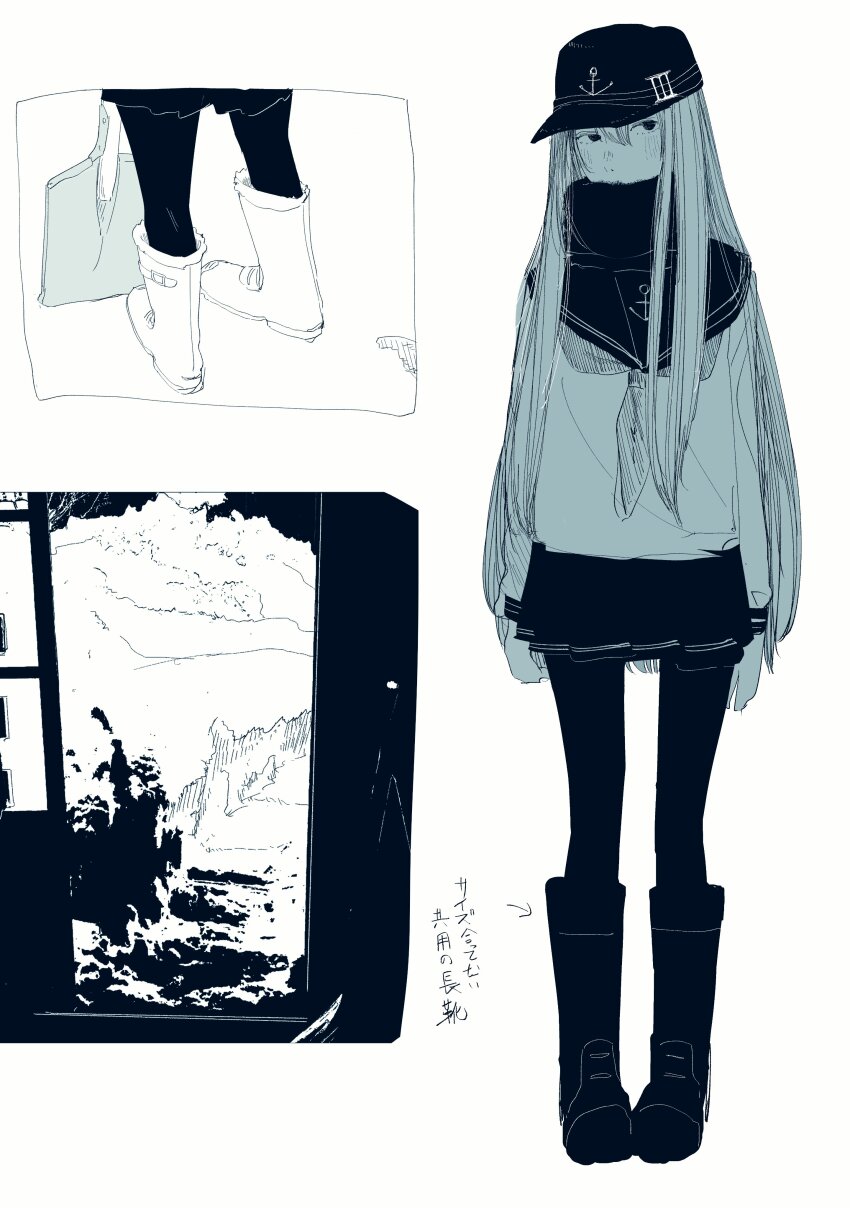 1girl, absurdres, anchor_symbol, boots, chitosan, closed_mouth, commentary_request, flat_cap