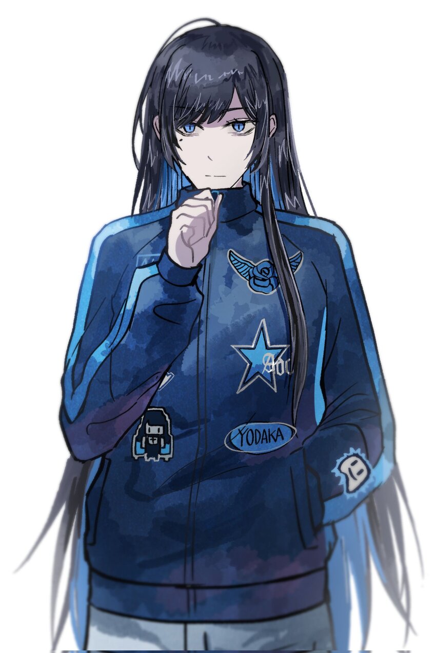 1girl, ado_(utaite), black_hair, blue_eyes, blue_hair, blue_jacket, chando_(ado), colored_inner_hair