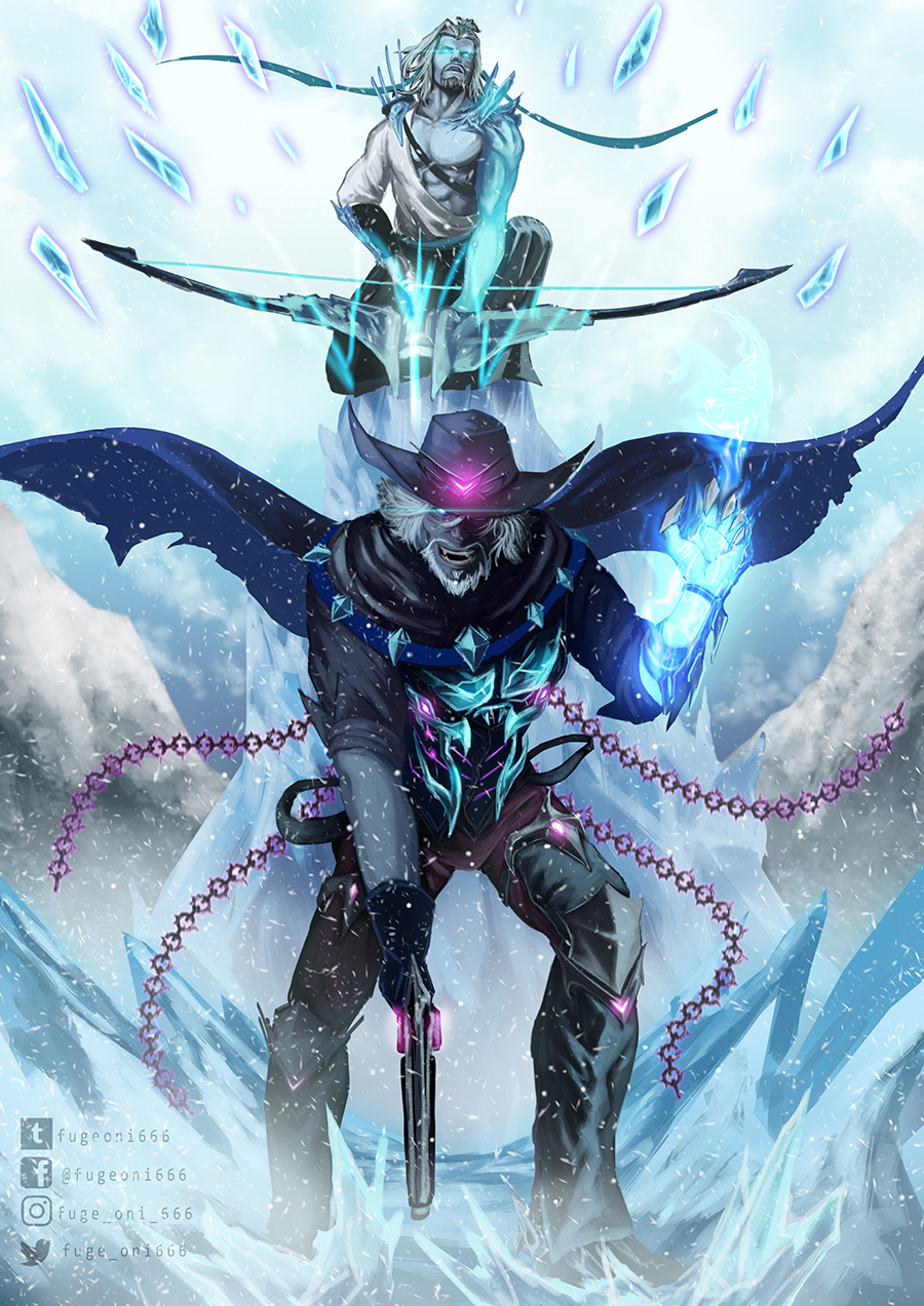 2boys, arrow_(projectile), bare_pectorals, beard, black_pants, blue_cape, blue_eyes, blue_fire