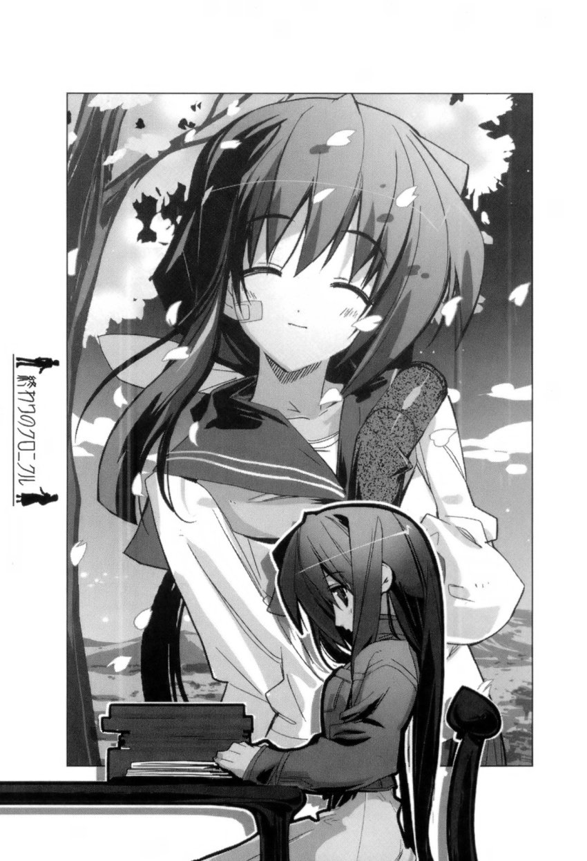 1girl, cherry_blossoms, cloud, collarbone, day, from_side, greyscale, head_tilt