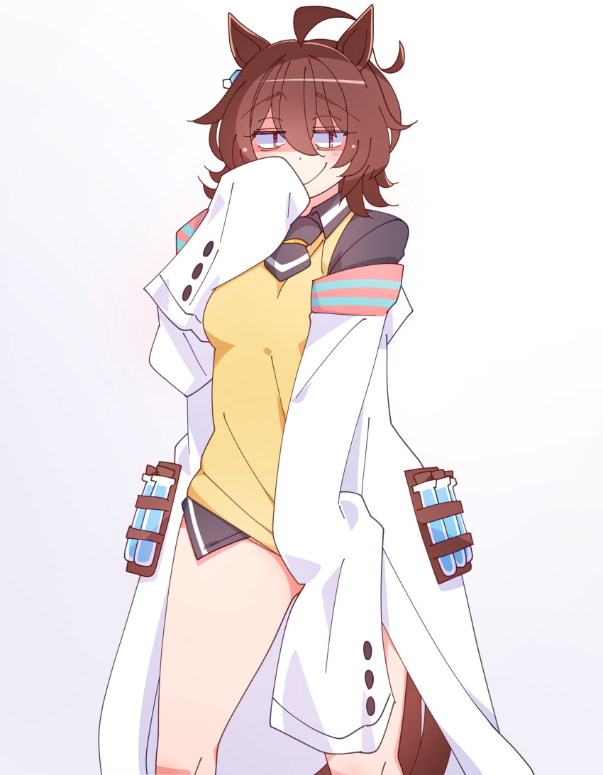 1girl, absurdres, agnes_tachyon_(tach-nology)_(umamusume), agnes_tachyon_(umamusume), ahoge, animal_ears, black_shirt, brown_hair