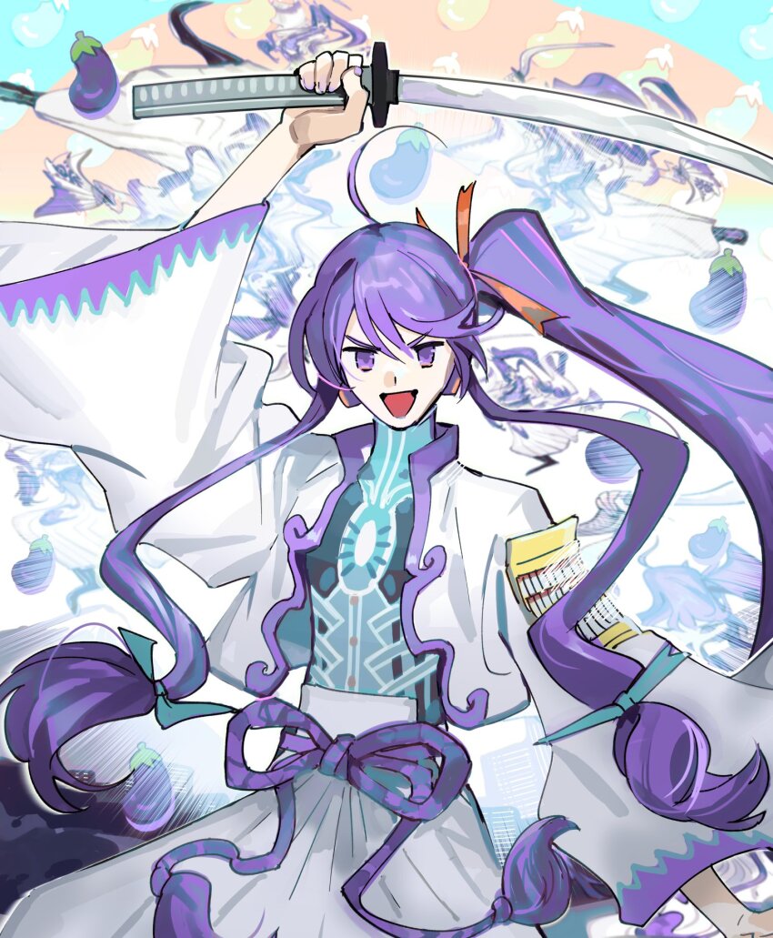 1boy, ahoge, arm_up, commentary_request, cowboy_shot, dancing_samurai_(vocaloid), eggplant, hakama