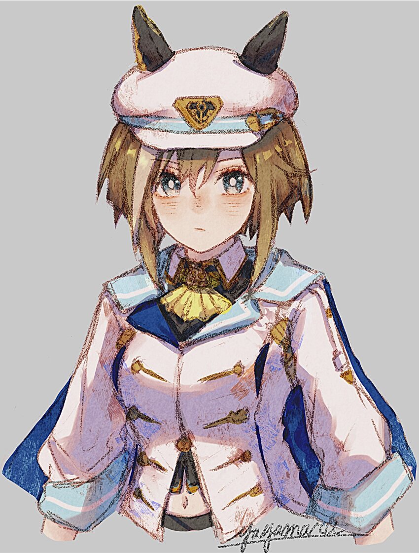 1girl, animal_ears, blue_eyes, blush, breasts, brown_hair, cheval_grand_(grand_itineraire)_(umamusume), cheval_grand_(umamusume)