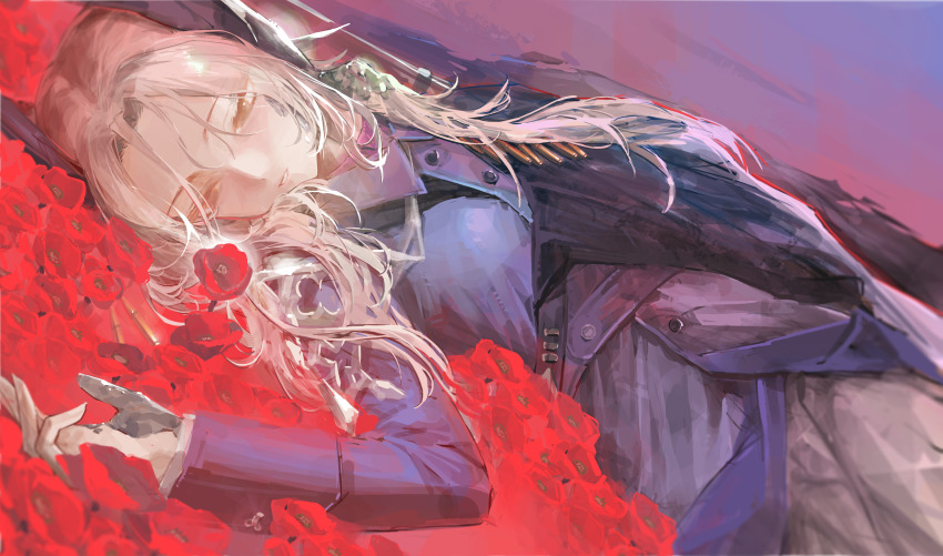 1girl, absurdres, blue_jacket, chacha_(chachachaqqq), dutch_angle, flower, grey_hair, hair_ornament