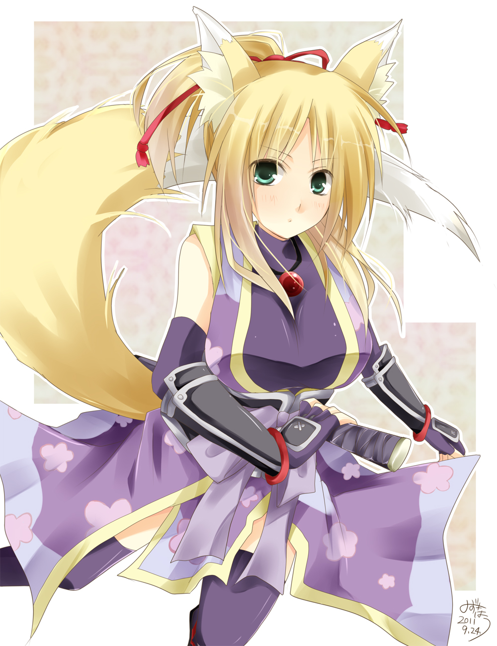 10s, 1girl, animal_ears, bad_id, bad_pixiv_id, blonde_hair, dog_days, female_focus, fox_ears, fox_tail, gauntlets, green_eyes, highres, mizuki_hau, ninja, solo, sword, tail, thighhighs, weapon, yukikaze_panettone
