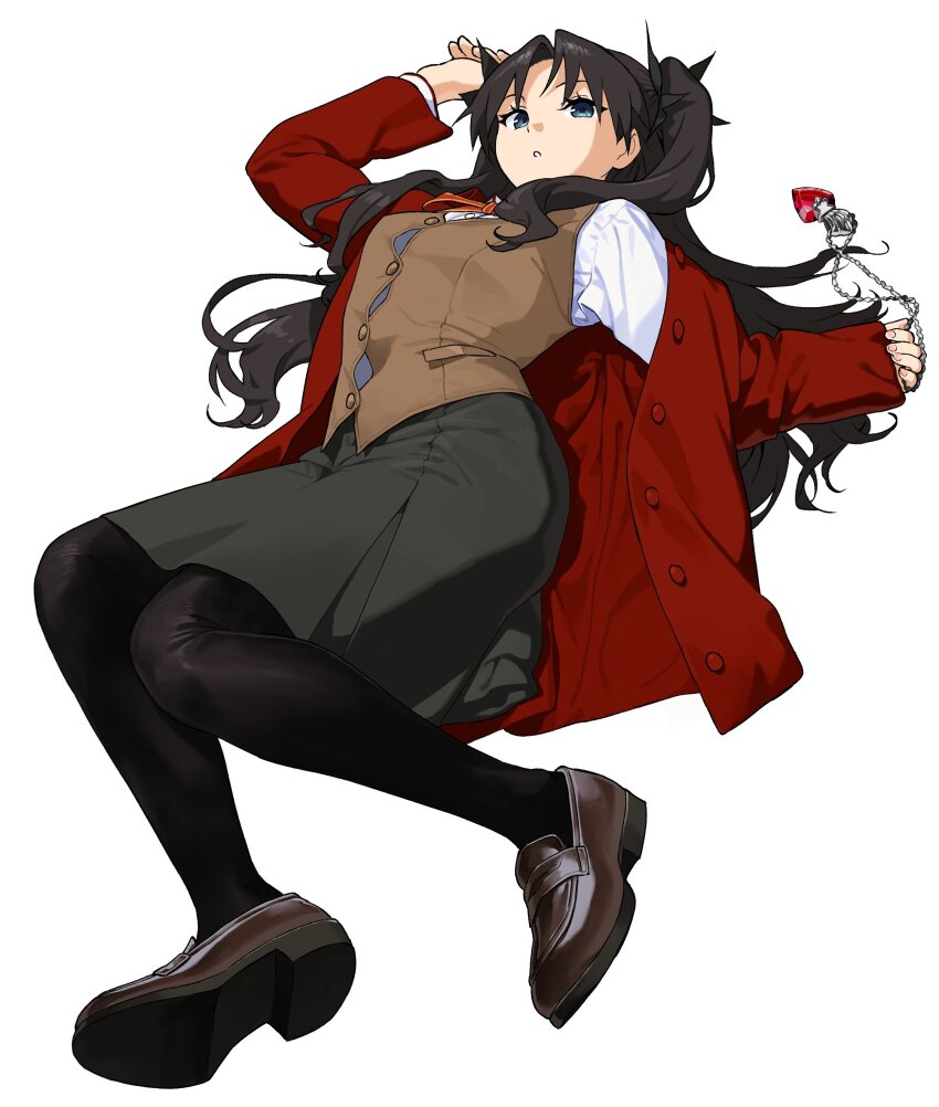 1girl, absurdres, asdf_4532, black_hair, black_pantyhose, black_skirt, brown_vest, fate/stay_night