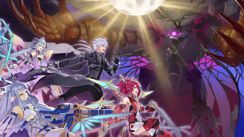 1boy, 3girls, absurdres, armor, bare_shoulders, black_bra, black_gloves, black_pants