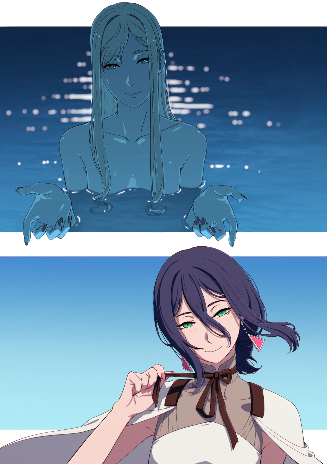 2girls, blonde_hair, blue_eyes, blush, cape, chainsaw_man, cosplay, costume_switch