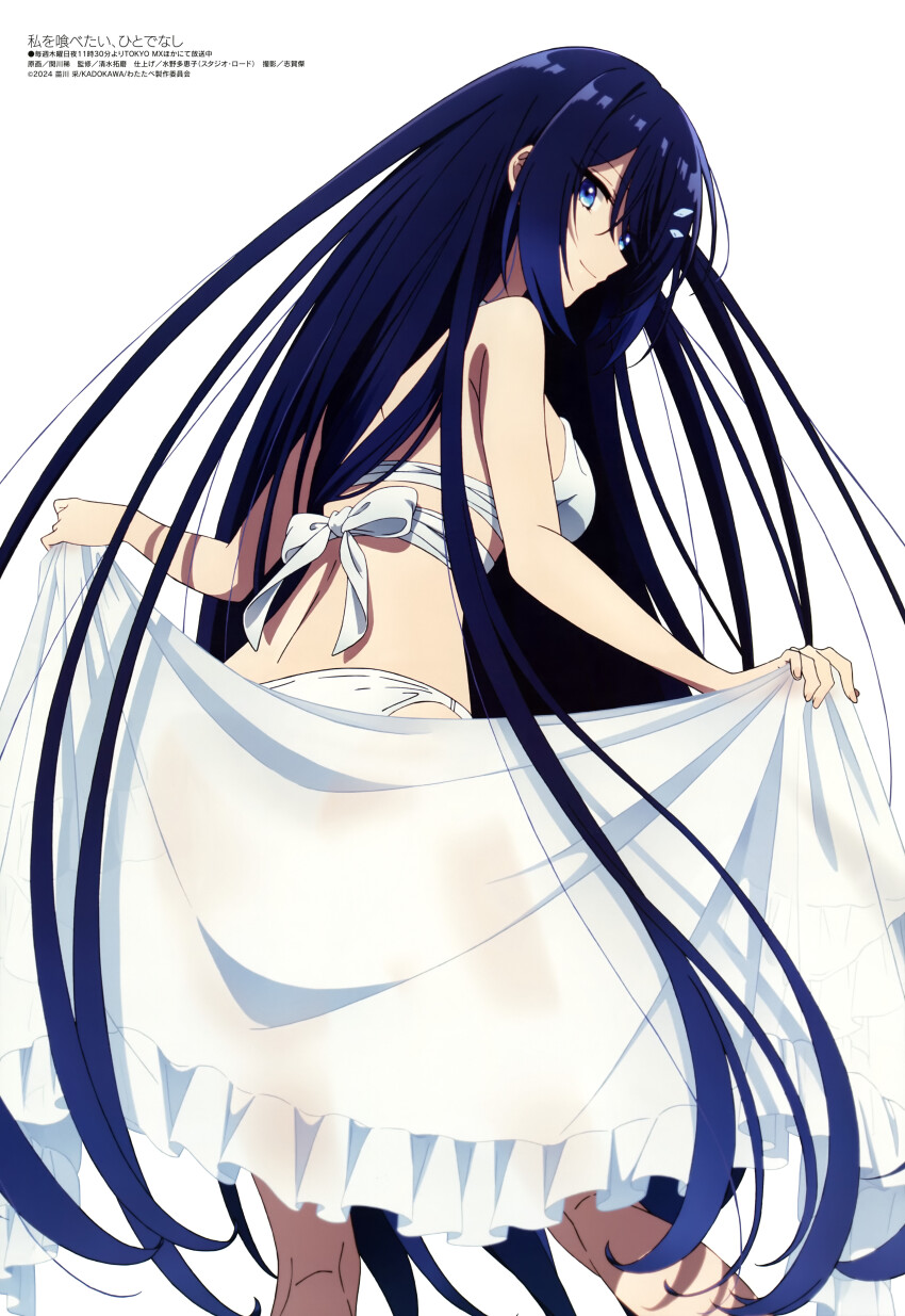 1girl, absurdres, anime_coloring, copyright_name, copyright_notice, highres, looking_at_viewer, magazine_scan, megami_magazine, official_art, oumi_shiori, scan, shimizu_takuma, simple_background, solo, swimsuit, tagme, watashi_wo_tabetai_hitodenashi, white_background