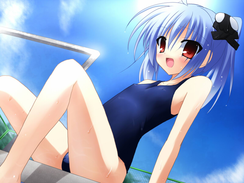 1boy, blue_hair, kurobuchi_aqua, male_focus, one-piece_swimsuit, original, red_eyes, rionoil, school_swimsuit, solo, swimsuit, trap, twintails, wet