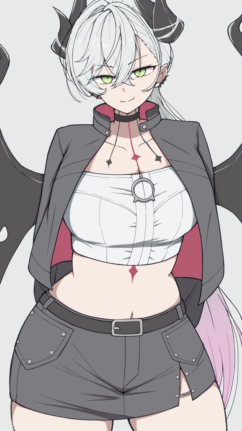 1girl, absurdres, azuki_(ne_4zk), black_jacket, blush, body_markings, breasts, choker