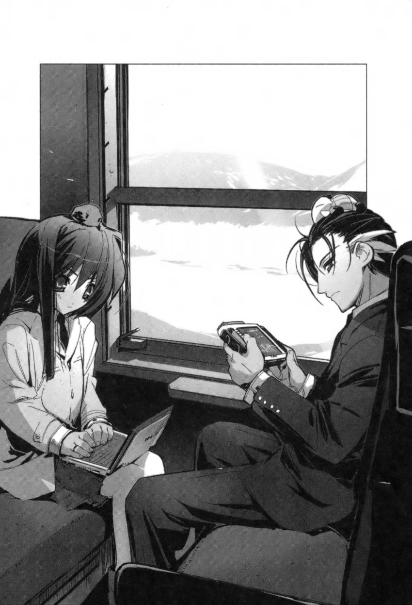 1boy, 1girl, baku_(artist), greyscale, highres, kazami_chisato, monochrome, owari_no_chronicle