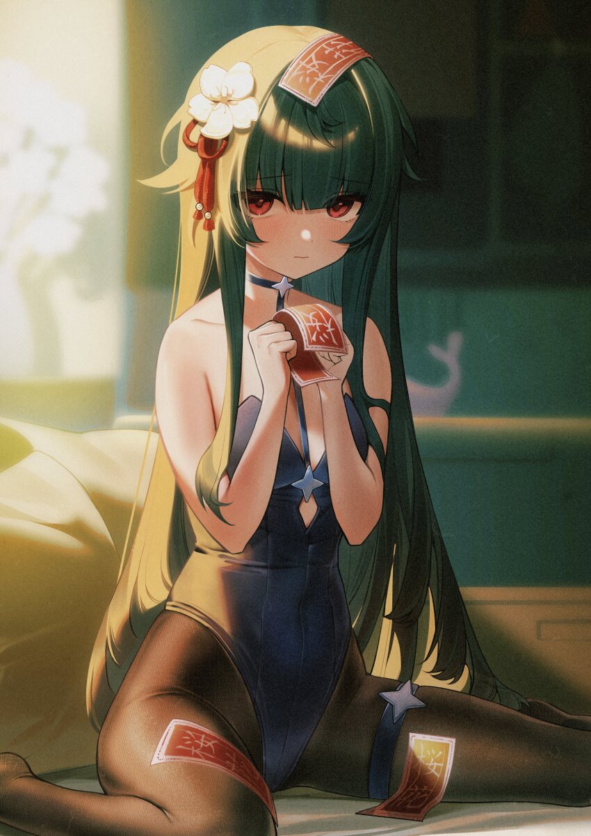 1girl, absurdres, black_hair, black_leotard, black_pantyhose, blurry, blurry_background, blush