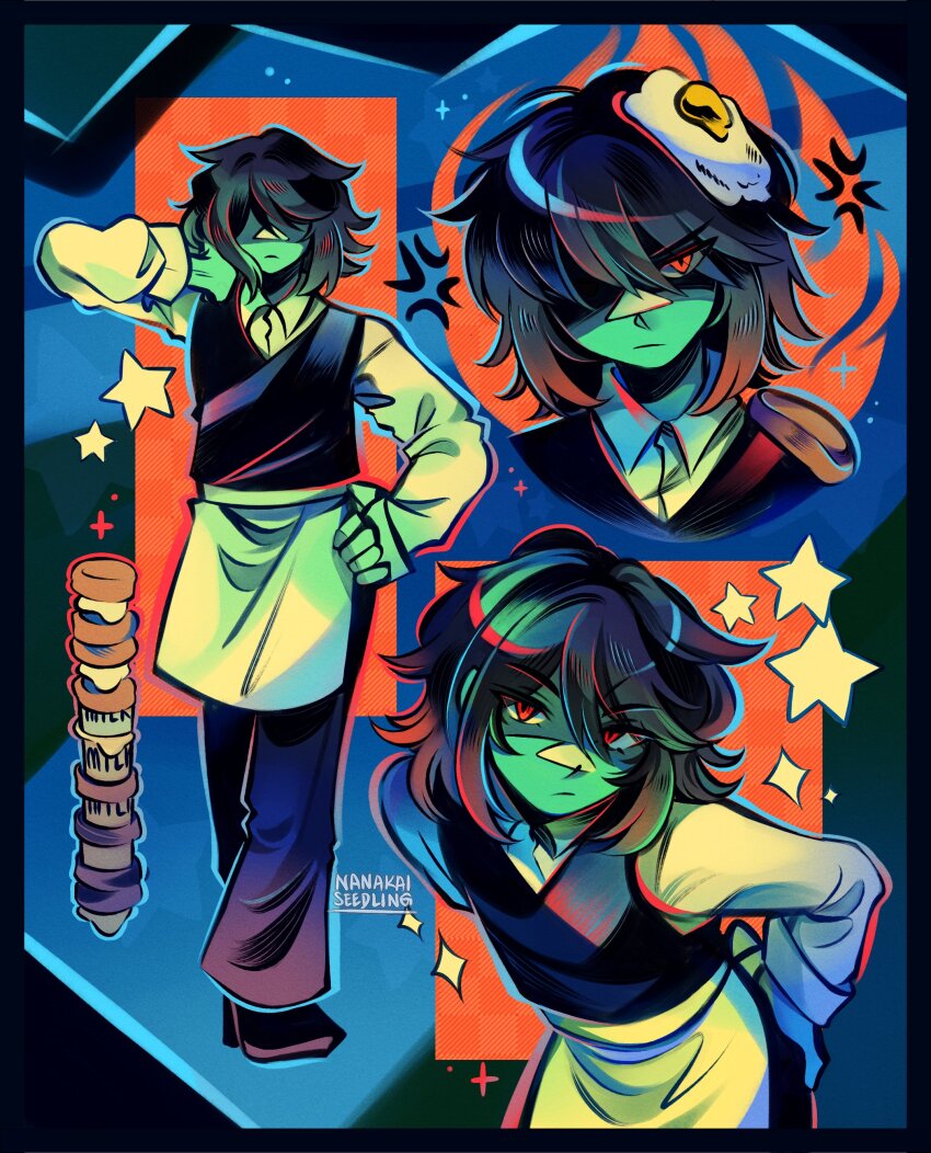 1other, absurdres, anger_vein, apron, artist_name, black_border, black_hair, black_pants