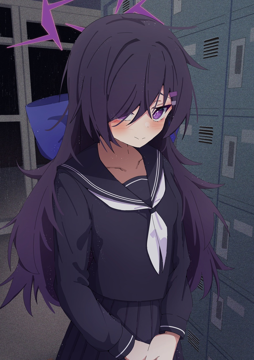 1girl, alternate_costume, alternate_hairstyle, black_sailor_collar, black_serafuku, black_skirt, blue_archive, blue_bow, blush, bow, closed_mouth, collarbone, commentary_request, getabako, hair_bow, hair_ornament, hair_over_one_eye, hairclip, halo, haruka_(blue_archive), highres, indoors, long_hair, long_sleeves, looking_at_viewer, neckerchief, own_hands_together, pleated_skirt, purple_eyes, purple_hair, purple_halo, relief_07, sailor_collar, school, school_uniform, serafuku, skirt, smile, solo, white_neckerchief