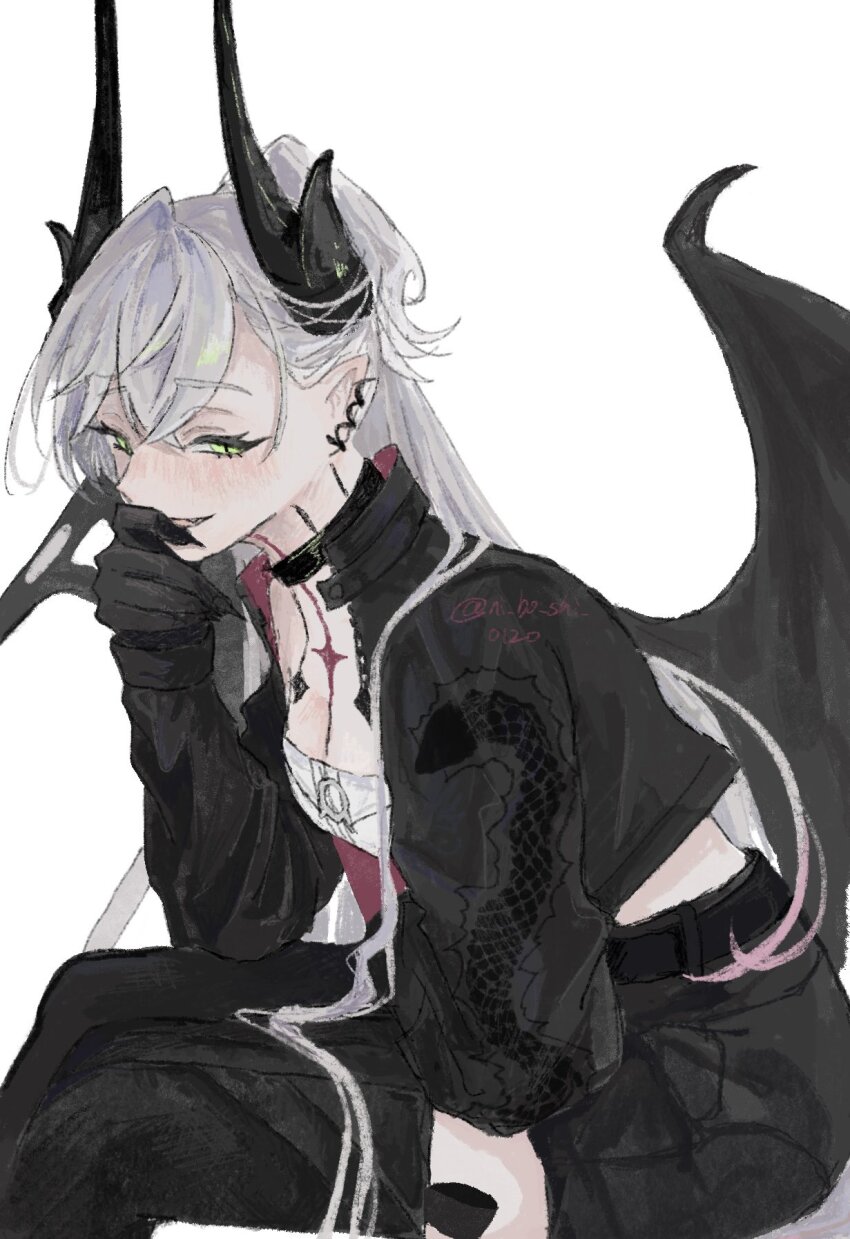 1girl, bat_wings, belt, black_belt, black_boots, black_choker, black_hands, black_jacket