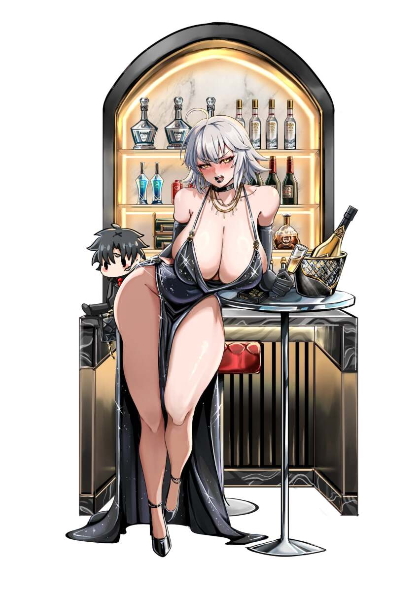 1girl, ahoge, alcohol, alternate_breast_size_(larger), bar_(place), bare_shoulders, bear_boss, black_choker