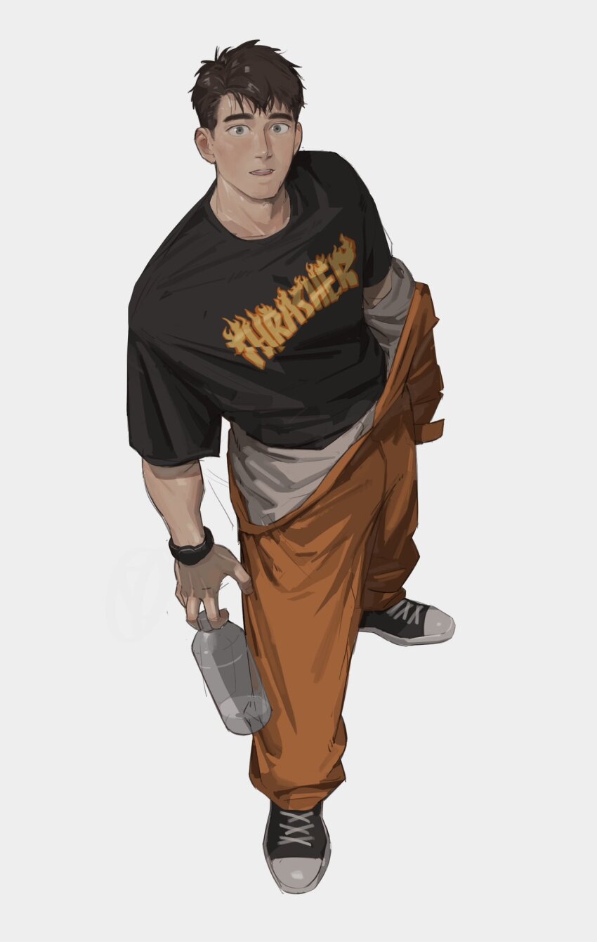 1boy, artbyshinji, black_shirt, bottle, brown_eyes, brown_hair, commentary, converse