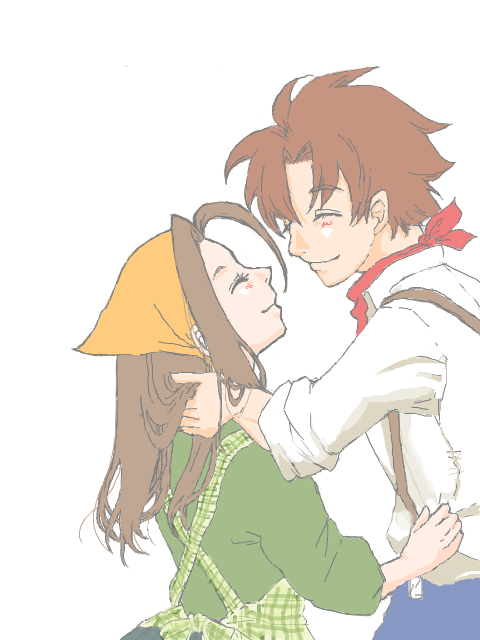 1boy, 1girl, apron, bandana, blush, bokujou_monogatari, bokujou_monogatari:_wonderful_life, brown_hair, harvest_moon, long_hair, mark_(bokujou_monogatari), sepiria_(bokujou_monogatari), shirt, short_hair, smile, suspenders, white_background