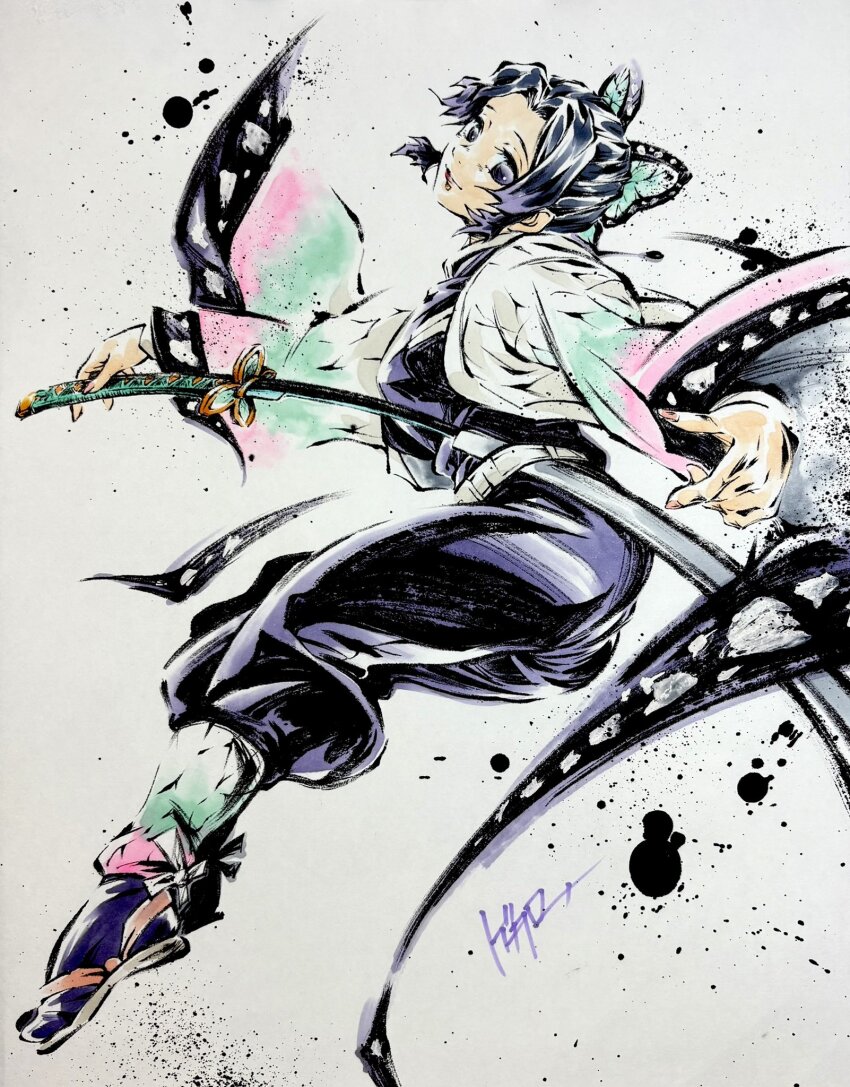 1girl, @o_ro_ro_n24, animal_print, belt, black_hair, black_jacket, black_pants, breasts, butterfly_hair_ornament, butterfly_print, butterfly_print_haori, colored_tips, demon_slayer_uniform, drawing_sword, full_body, hair_ornament, haori, highres, holding, holding_sword, holding_weapon, ink_wash_painting, jacket, japanese_clothes, katana, kimetsu_no_yaiba, kochou_shinobu, light_smile, looking_at_viewer, medium_breasts, multicolored_hair, pants, parted_bangs, print_haori, purple_hair, sandals, sidelocks, solo, sumi-e, sword, tabi, updo, weapon, white_belt