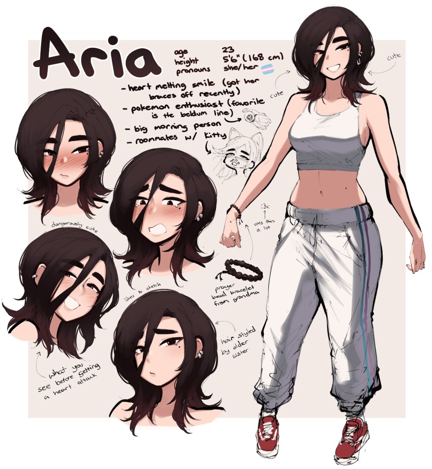 1girl, aria_(roresu), black_hair, blush, bracelet, breasts, brown_hair, character_age, character_name, character_pronouns, earrings, hair_between_eyes, height, highres, jewelry, medium_breasts, medium_hair, midriff, mole, mole_under_eye, navel, original, pants, reference_sheet, roresu, shoes, sneakers, solo, sweatpants, transgender_flag