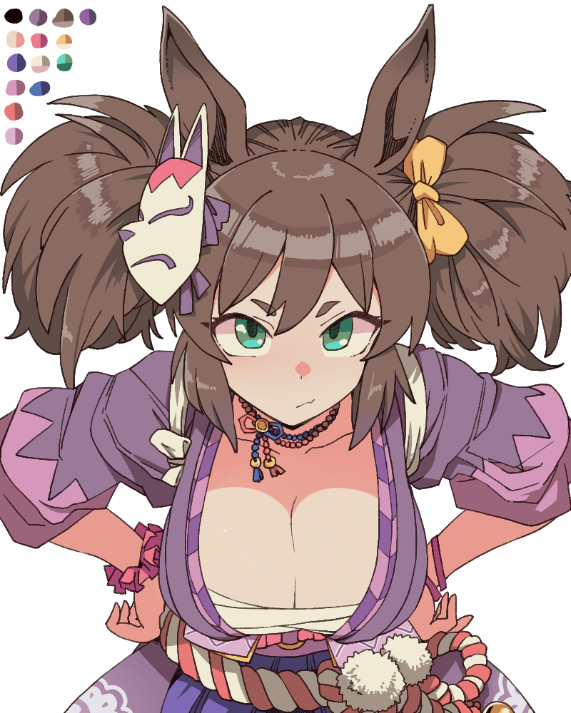 1girl, animal_ears, blue_eyes, bow, bracelet, breasts, brown_hair, chest_sarashi, cleavage, closed_mouth, collarbone, fox_mask, green_eyes, hair_between_eyes, hair_bow, horse_ears, horse_girl, inari_one_(inari_yukari_edomurasaki)_(umamusume), inari_one_(umamusume), japanese_clothes, jewelry, kimono, large_breasts, long_hair, looking_at_viewer, mask, mask_on_head, purple_kimono, sarashi, scrunchie, solo, toriga_naku, twintails, umamusume, wrist_scrunchie