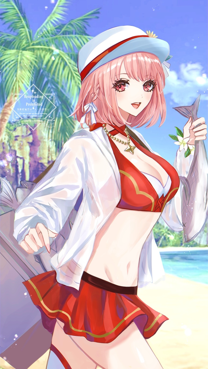 1girl, beach, bikini, blue_sky, blush, breasts, cleavage, fire_emblem