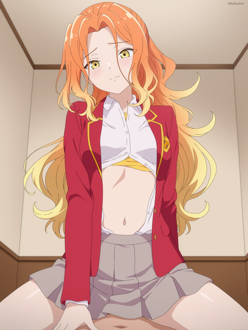 1boy, 1girl, absurdres, blonde_hair, brown_skirt, cowgirl_position, furrowed_brow, gradient_hair, highres, indoors, jacket, light_frown, long_hair, long_sleeves, looking_at_viewer, mikadono_niko, mikadono_sanshimai_wa_angai_choroi, multicolored_hair, navel, orange_hair, paid_reward_available, partially_unbuttoned, pleated_skirt, pov, red_jacket, rikka_(rikkaarts), shirt, skirt, straddling, white_shirt, yellow_eyes
