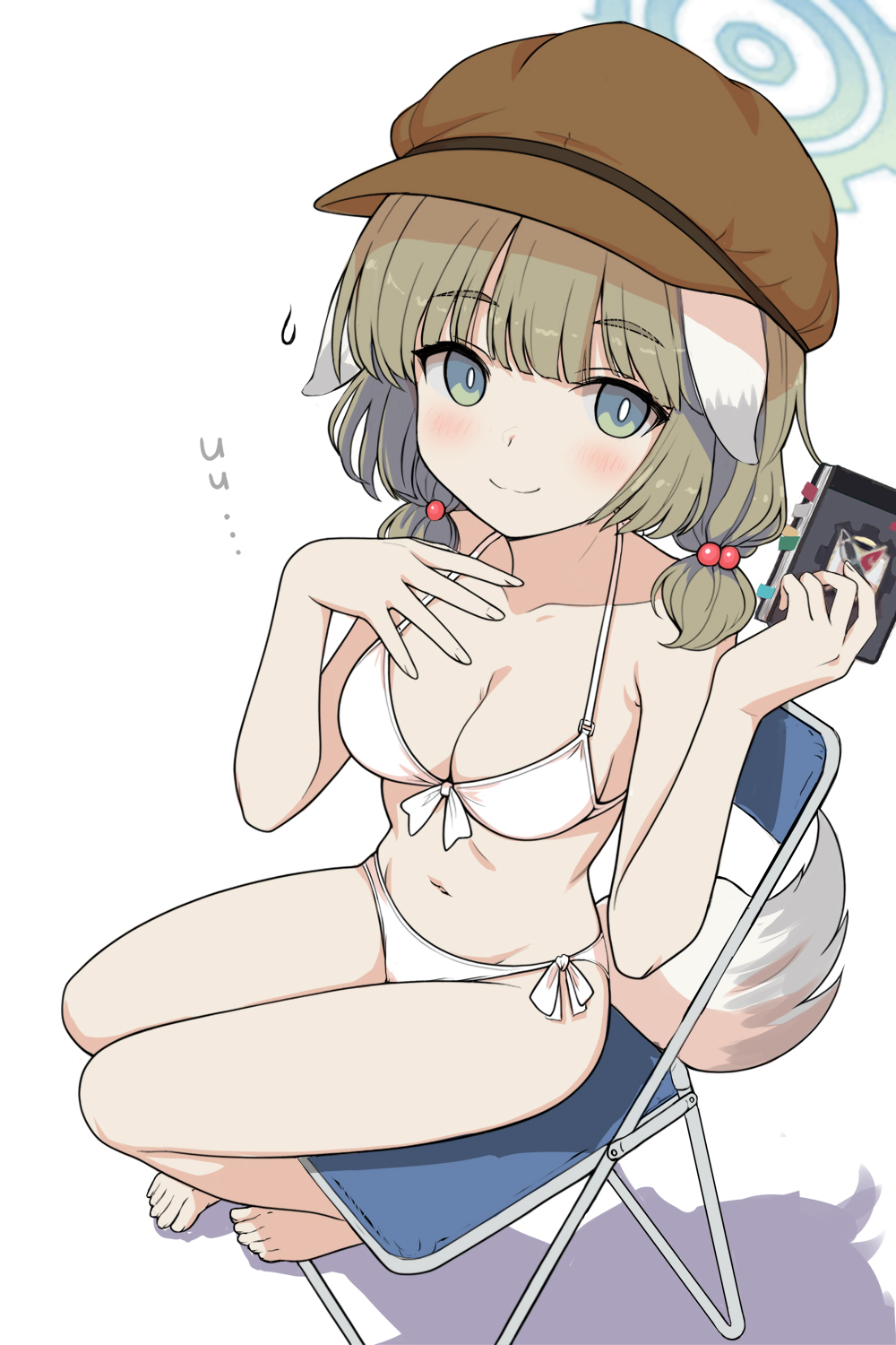 1girl, animal_ears, bikini, blue_archive, blush, breasts, chair, collarbone