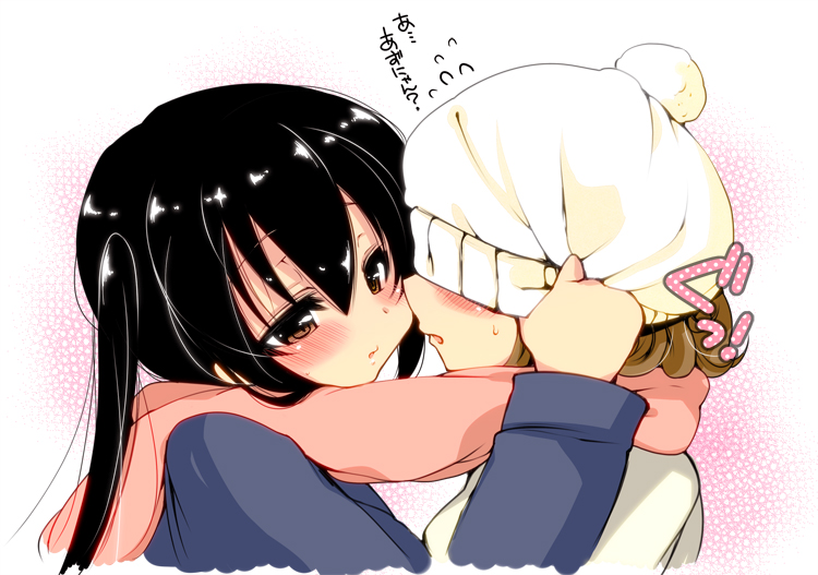 2girls, black_hair, blush, brown_eyes, brown_hair, face-to-face, hat, hirasawa_yui, imminent_kiss, k-on!, long_hair, multiple_girls, nakano_azusa, scarf, shared_clothes, shared_scarf, short_hair, translated, twintails, yukiji_shia, yuri