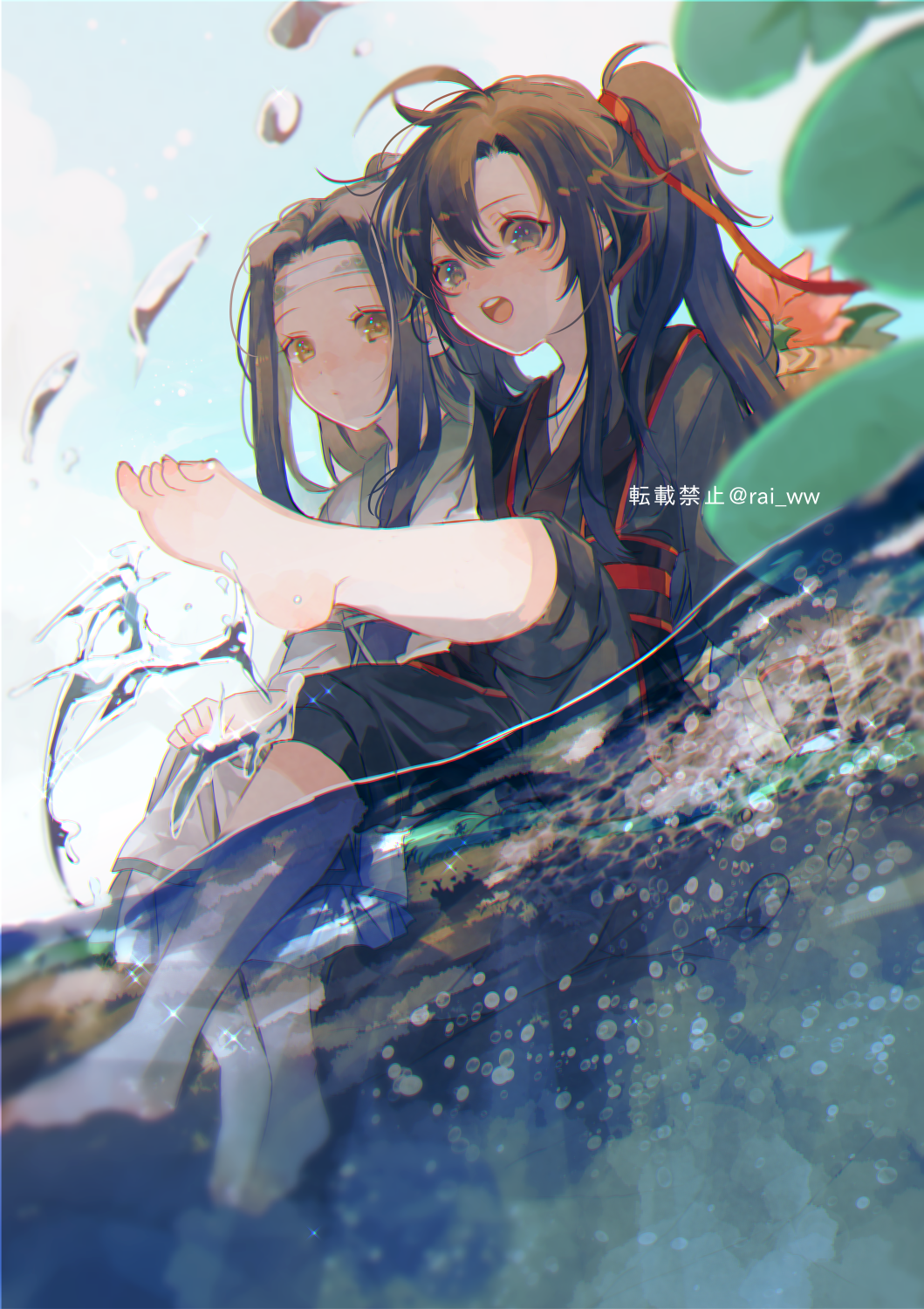 2boys, aged_down, ahoge, amana_raika, barefoot, black_hair, black_hanfu, black_sash