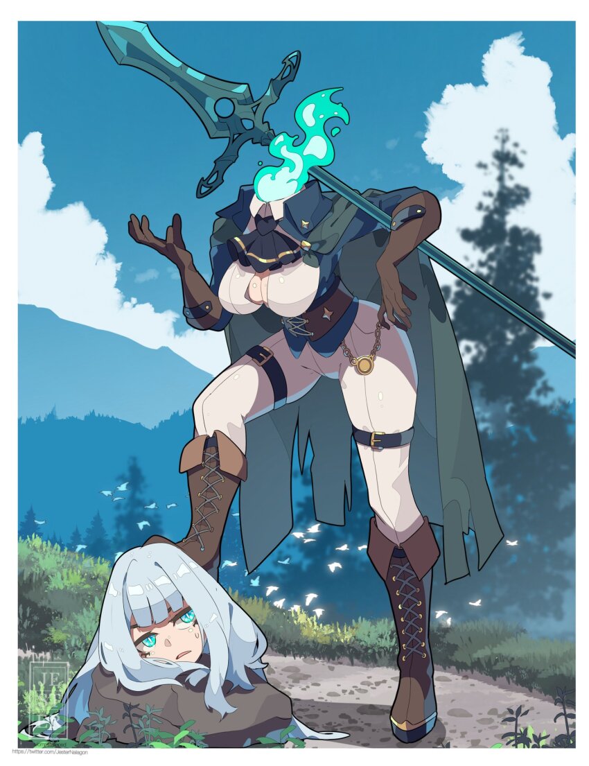 1girl, ascot, belt, blue_eyes, blue_fire, blue_hair, blue_sky, blunt_bangs