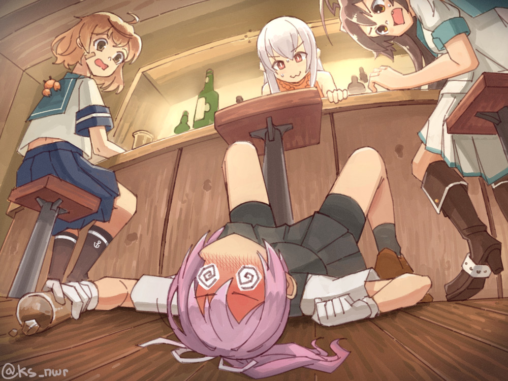 4girls, :3, @_@, ahoge, bandaid, bandaid_on_face, bar_(place), bar_stool