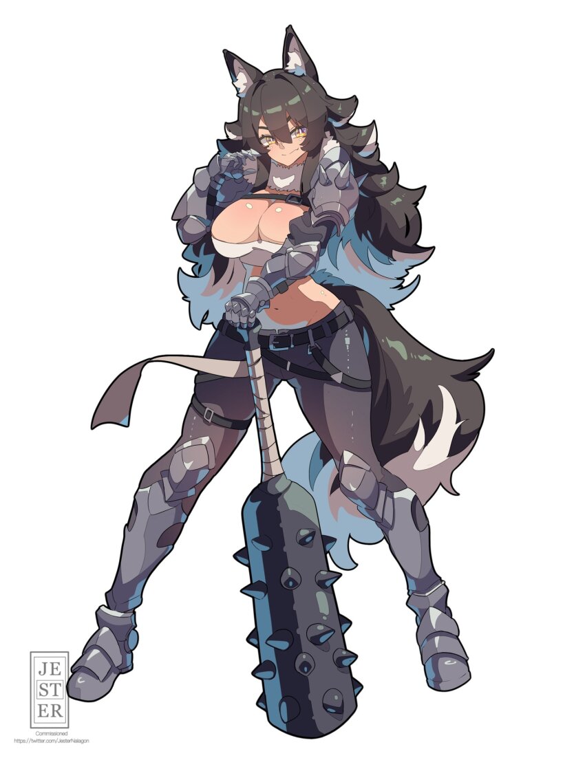 1girl, animal_ear_fluff, animal_ears, armor, armored_boots, belt, boots, breasts