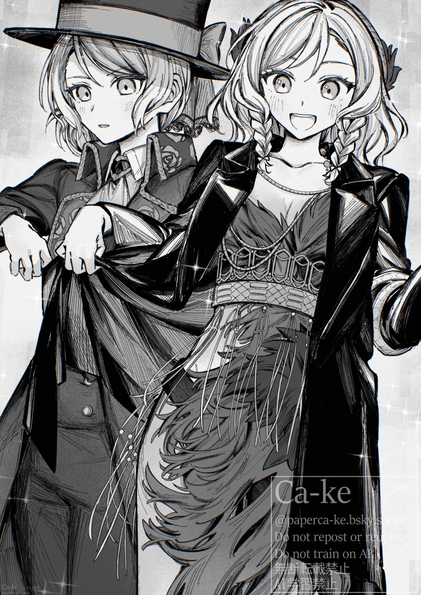 :d, bang_dream!, bang_dream!_girls_band_party!, boater_hat, breasts, cleavage, clothes_grab, coat, coat_grab, collared_shirt, cosplay, feather_dress, feather_hair_ornament, feathers, greyscale, hair_ornament, hikawa_hina, hikawa_sayo, long_hair, looking_at_viewer, monochrome, open_clothes, open_coat, open_mouth, pants, paperca-ke, reverse:1999, schneider_(reverse:1999), schneider_(reverse:1999)_(cosplay), shirt, siblings, sisters, smile, twins, vertin_(reverse:1999), vertin_(reverse:1999)_(cosplay), watermark