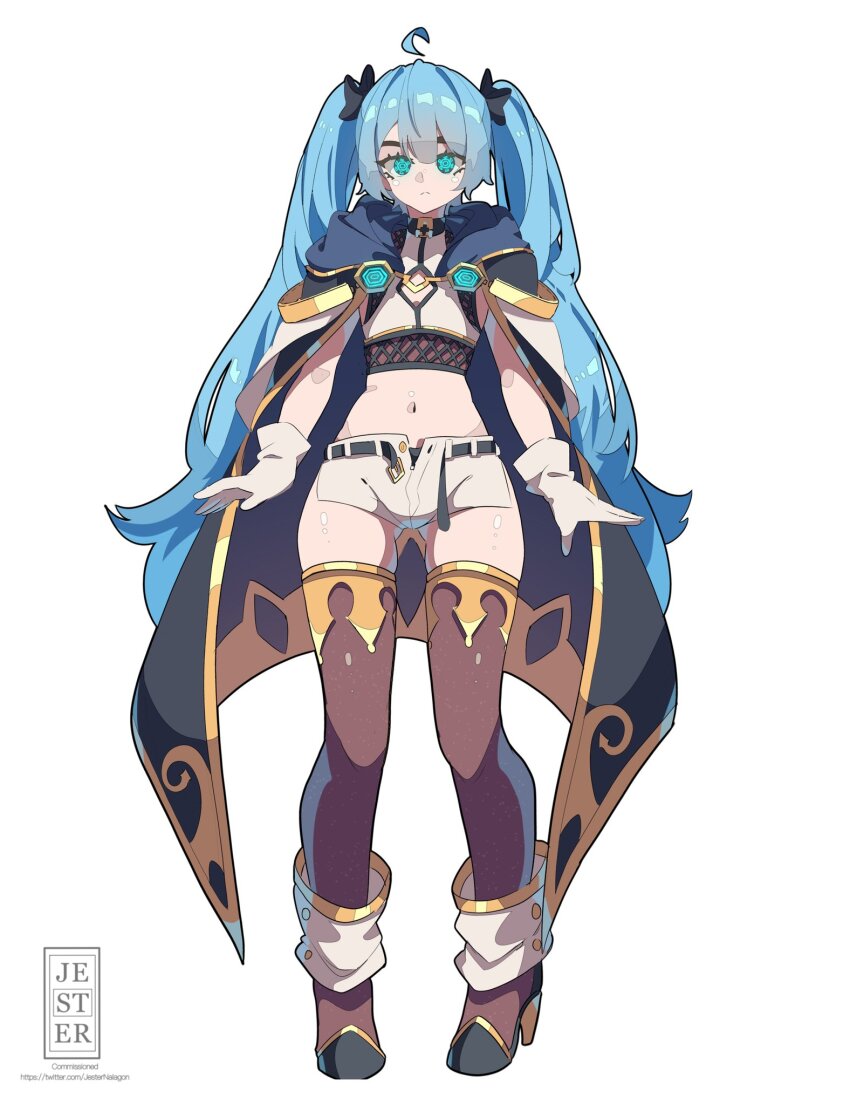 1girl, ahoge, belt, black_ribbon, blue_eyes, blue_hair, boots, bow