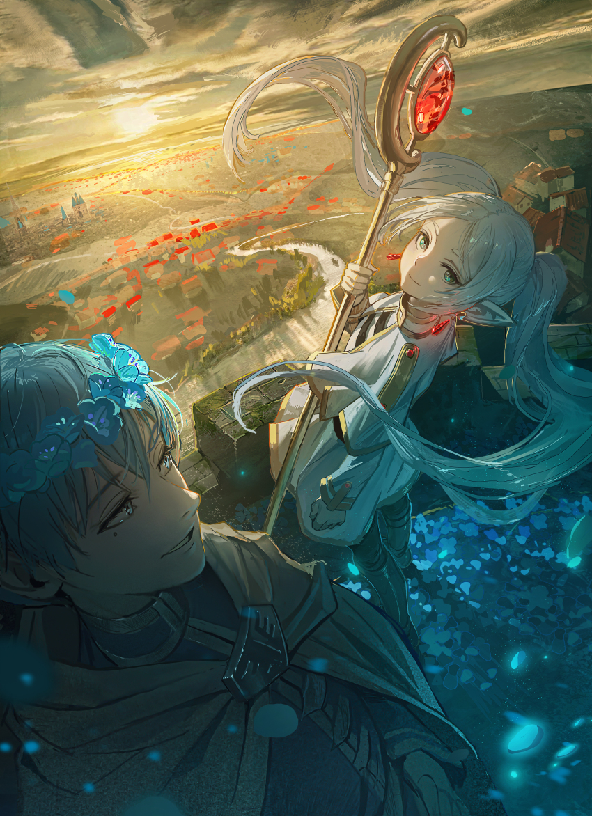 1boy, 1girl, absurdres, black_pantyhose, blue_eyes, blue_flower, blue_hair, cloak