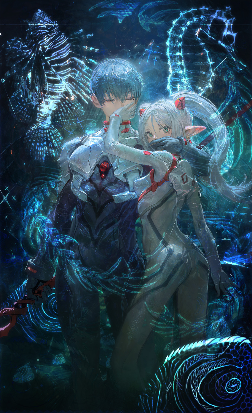 1boy, 1girl, absurdres, arm_around_shoulder, blue_eyes, blue_hair, closed_eyes, covering_another's_mouth, fish, floating_hair, frieren, golemmm, hair_between_eyes, highres, himmel_(sousou_no_frieren), holding, holding_weapon, interface_headset_(evangelion), lance_of_longinus_(evangelion), lionfish, long_hair, looking_at_viewer, mecha_pilot_suit, neon_genesis_evangelion, plugsuit_(evangelion), pointy_ears, seahorse, short_hair, skin_tight, sousou_no_frieren, twintails, weapon, white_hair