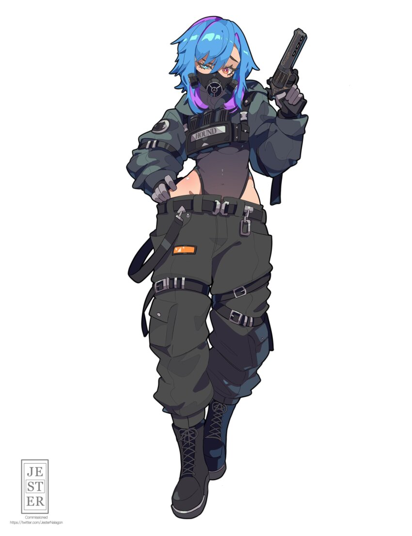 1girl, belt, black_leotard, blue_eyes, blue_hair, boots, covered_navel, full_body, gas_mask, gloves, grey_gloves, gun, hair_between_eyes, hand_on_own_hip, handgun, heterochromia, highleg, highleg_leotard, highres, holding, holding_gun, holding_weapon, jacket, jesternalagon, lace-up_boots, leotard, leotard_under_clothes, long_sleeves, looking_at_viewer, mask, mouth_mask, multicolored_hair, orange_eyes, original, pants, purple_hair, see-through_clothes, short_hair, sidelocks, simple_background, solo, streaked_hair, thighs, uneven_eyes, weapon, white_background
