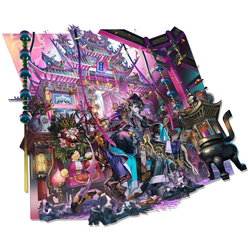1boy, absurdly_detailed_composition, absurdres, altar, architecture, arknights, bead_necklace, beads, bird, black_pants, black_robe, black_shoes, bored, burning, burning_paper, candle, chinese_clothes, chromatic_aberration, cloud_print, coin, coral, crane_(animal), doll, dongpo_jin_(headwear), dragon, dragon_boy, dragon_print, dragon_tail, east_asian_architecture, eastern_dragon, eastern_dragon_tail, embers, flower, flying, full_body, furry, furry_male, hand_on_own_face, highres, holding, holding_staff, holed_coin, incense, incense_burner, indoors, jewelry, jin_(headwear), kuroblood, lantern, layered_robe, lee_(arknights), lee_(the_life_appraiser)_(arknights), multiple_necklaces, necklace, official_alternate_costume, official_art, paifang, pants, paper_boat, paper_lantern, pillar, pink_flower, pink_sky, pink_theme, pointy_ears, priest, purple_robe, red_candle, red_flower, religious_offering, robe, ruyi, scales, shoes, shrine, sitting, sky, slit_pupils, solo, staff, stone_lantern, table, tail, third-party_source, transparent_background, vase, very_long_tail, white_flower, wooden_table, xiangyun, yellow_eyes, yellow_flower, yuanbao