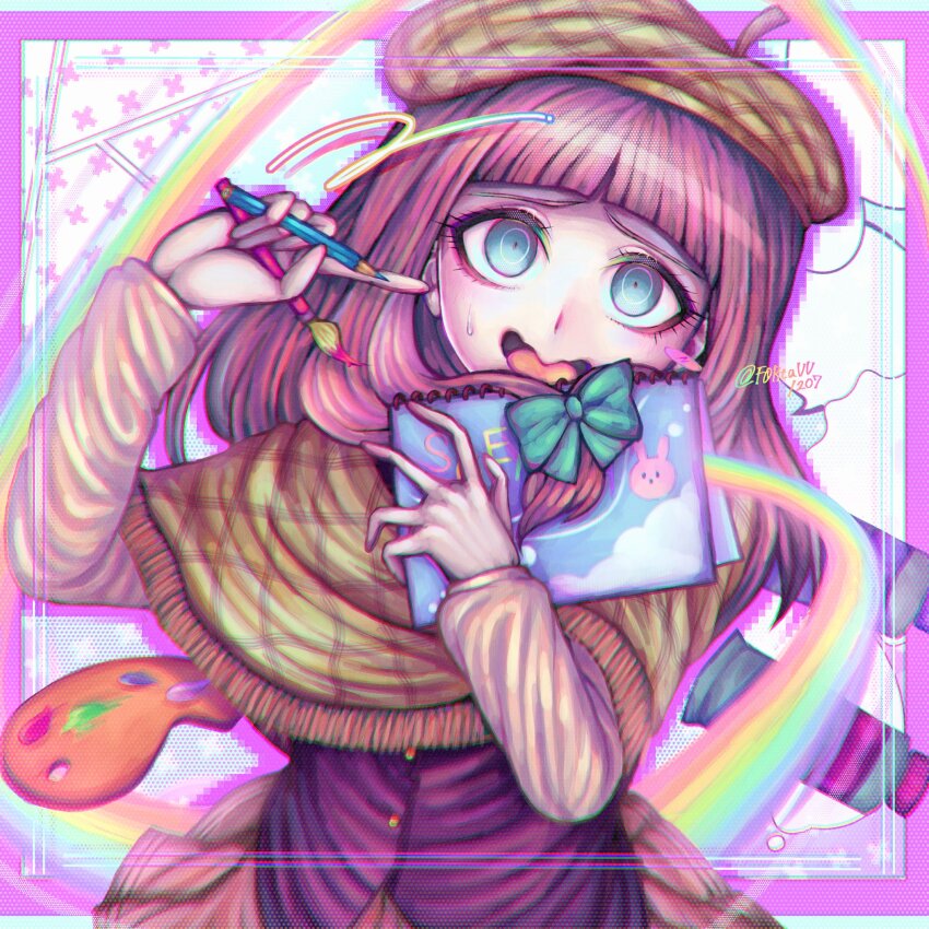 1girl, beret, blue_eyes, blunt_bangs, brown_hair, brown_hat, commentary, danganronpa_another