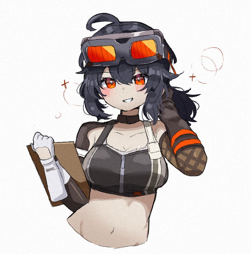 1girl, ahoge, asymmetrical_gloves, bare_shoulders, black_hair, black_sports_bra, blush, breasts