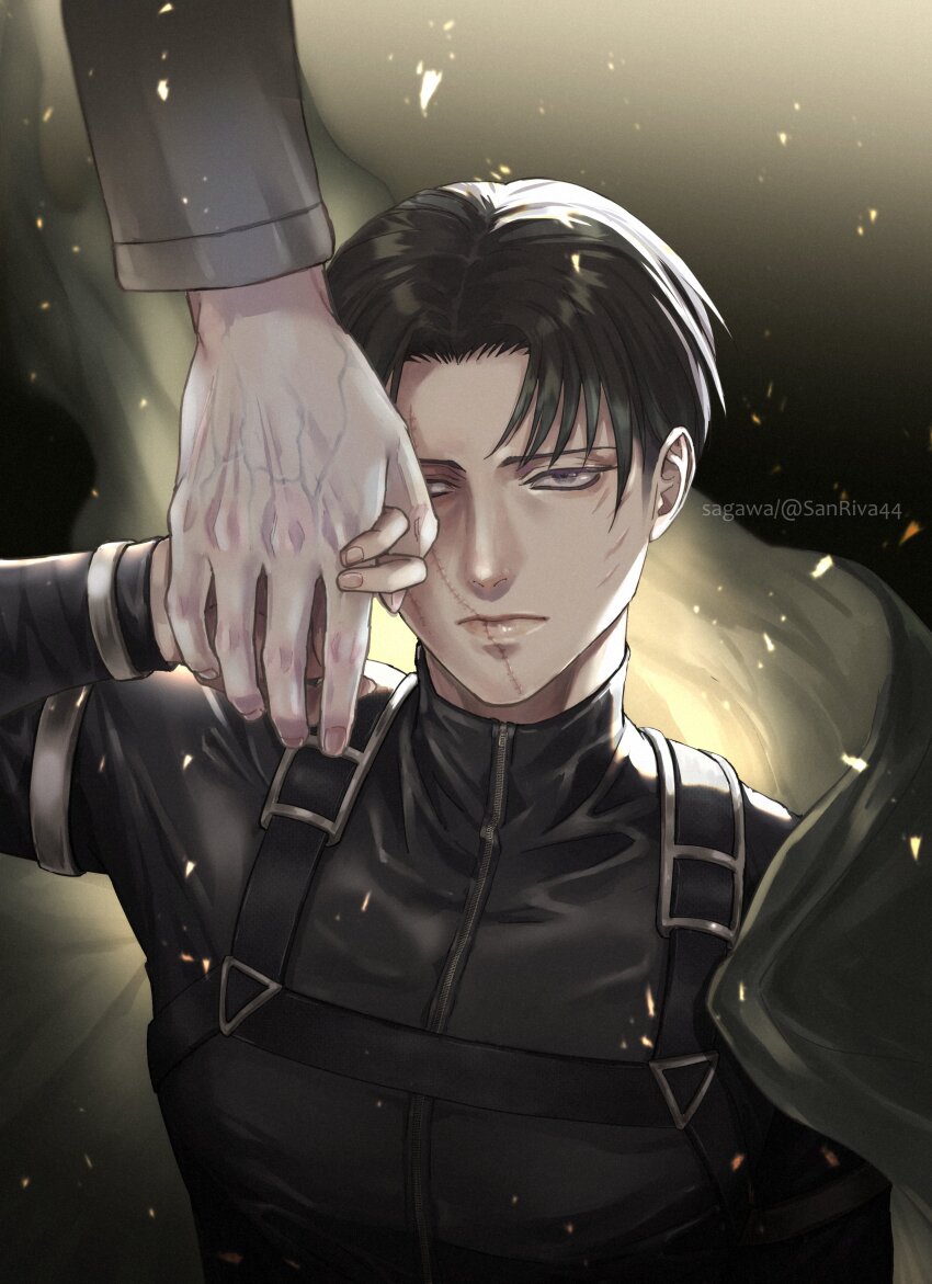 2boys, absurdres, black_cloak, black_hair, black_jacket, chest_harness, cloak, erwin_smith, facial_scar, grey_jacket, harness, highres, holding_hands, jacket, levi_(shingeki_no_kyojin), looking_at_viewer, male_focus, mskei, multiple_boys, parted_bangs, scar, scar_on_cheek, scar_on_face, scar_on_mouth, shingeki_no_kyojin, short_hair, twitter_username, upper_body, veins, veiny_hands, yaoi